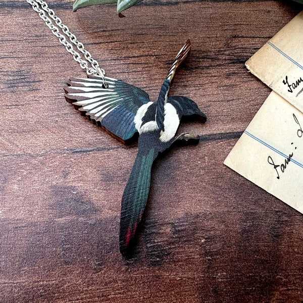 Magpie Necklace, Wooden Magpie, Magpie Charm, Magpie Pendant, Magpie Jewellery, Magpie Jewelry