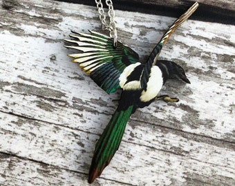 Magpie Necklace, Wooden Magpie, Magpie Charm, Magpie Pendant, Magpie Jewellery, Magpie Jewelry