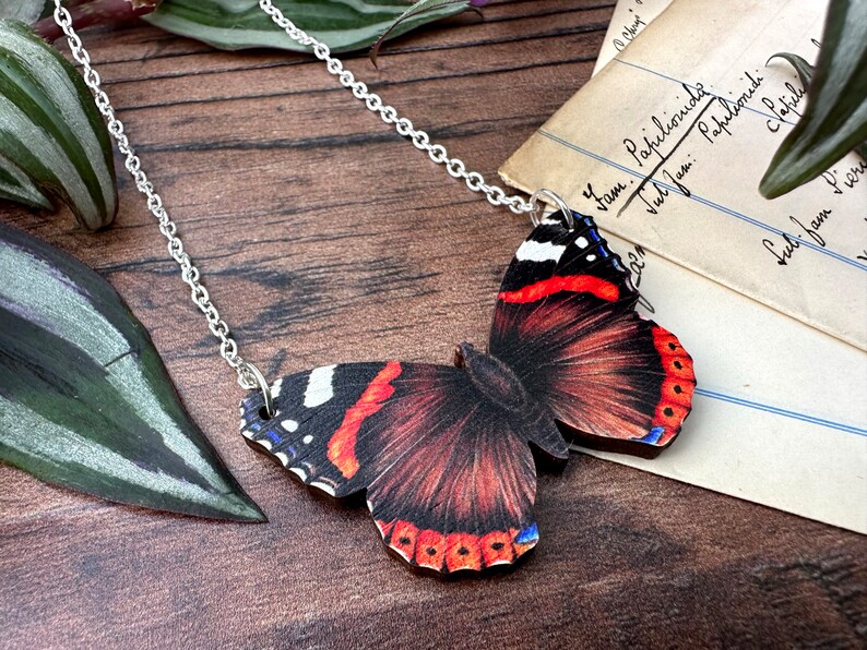 Red Admiral Butterfly Necklace, Entomology Necklace, Butterfly Necklace, Wooden Necklace Moth Necklace, British Wildlife image 3