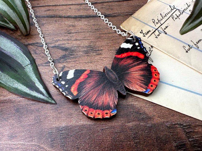 Red Admiral Butterfly Necklace, Entomology Necklace, Butterfly Necklace, Wooden Necklace Moth Necklace, British Wildlife image 2