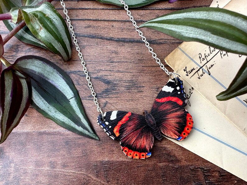 Red Admiral Butterfly Necklace, Entomology Necklace, Butterfly Necklace, Wooden Necklace Moth Necklace, British Wildlife image 1