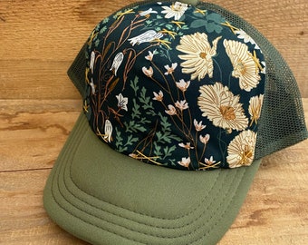 English Floral Medium Adult Trucker Hat with floral fabric multiple colors