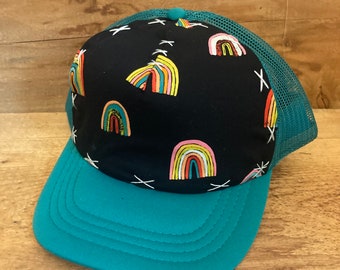 Rainbow Day Large Medium Adult Blowfish Designs Hand stitched Trucker Hat