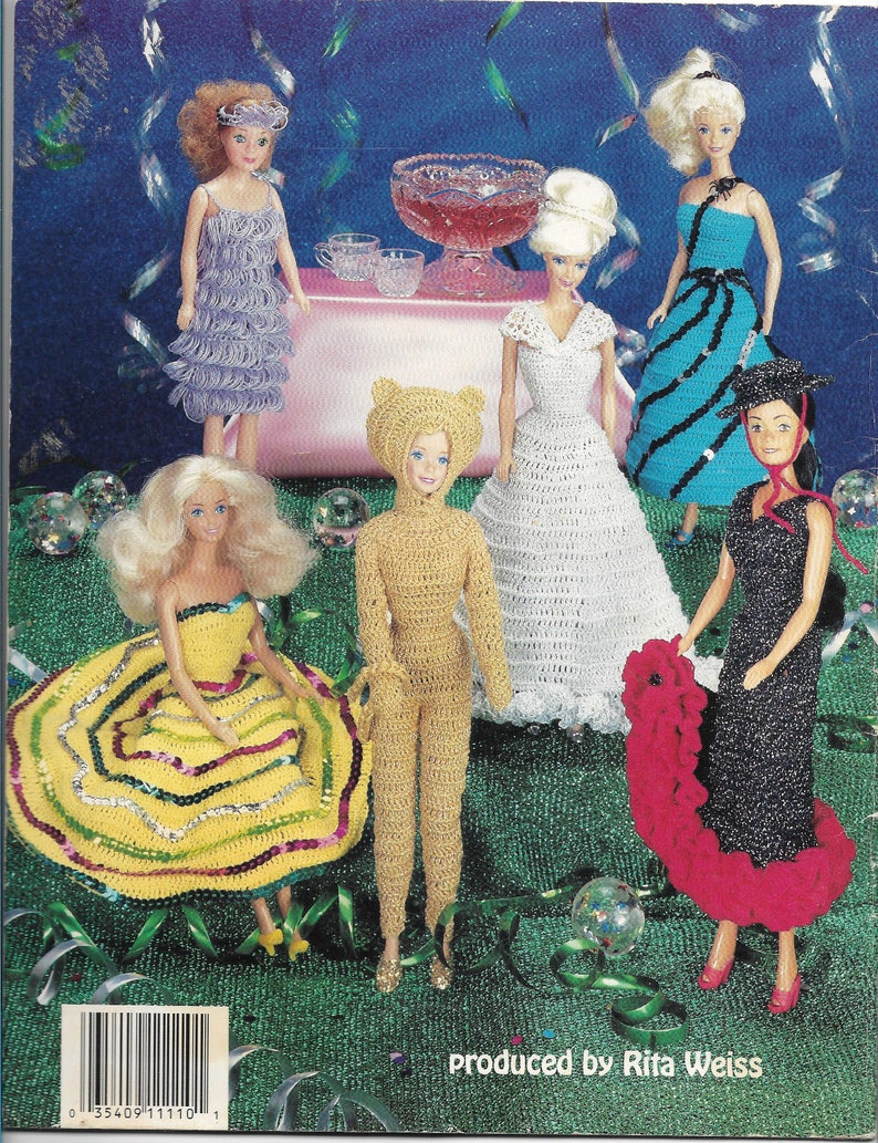 Original Booklet 17 pages by Miriam Dow 1990s Fashion Doll Costume Party Thread Crochet Fashion Patterns Size 11.5 Inches 6 Styles