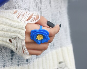 Neon Cherry Blossom Oversized 3D Printed Ring Blue Flower