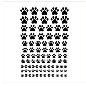 Sheet of mixed paw print shapes 1cm-3cm  vinyl decals transfers various sizes - frames/glasses/mugs/small plaques - dog paws - paw prints