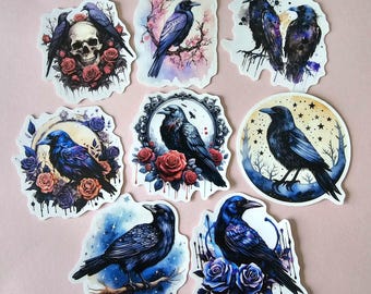 Goth crow raven skull vinyl stickers x 8 ,crow bird raven stickers,dark stickers, novelty goth stickers, love stickers,book laptop sticker
