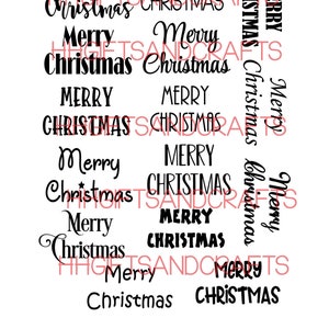May include: A white background with the words "Merry Christmas" repeated in various fonts and sizes.