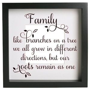May include: A framed wall art piece with a black frame and a white background. The artwork features the word "Family" in elegant script, along with the quote: "like branches on a tree we all grow in different directions, but our roots remain as one."