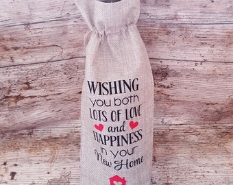 Happiness in your new home - personalised -  Burlap/ jute wine bottle gift bag - drawstring - 3 colours available - new home wine gift bag