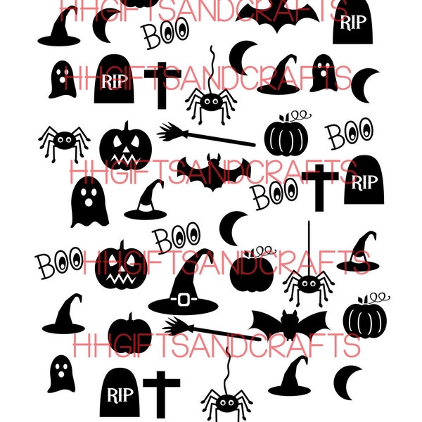 Sheet of over 40 Halloween shapes vinyl decal transfers ideal for frames/glasses/mugs/small plaques - ghost/spider/hat/moon/ halloween