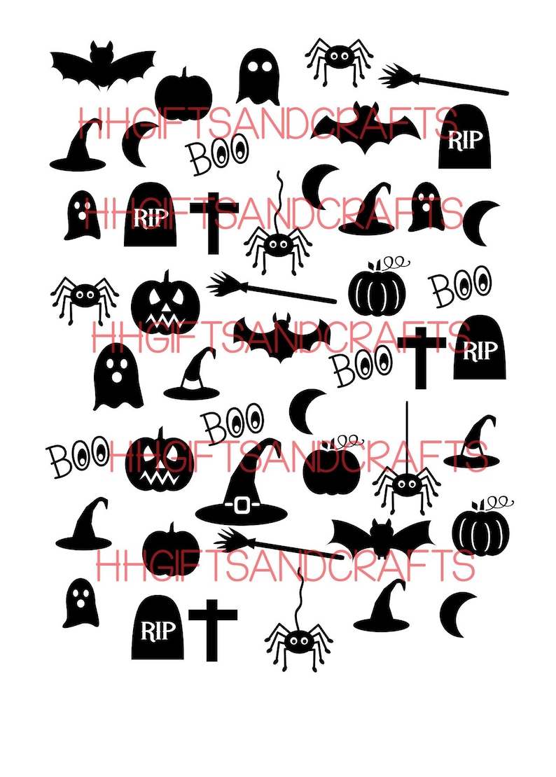 Sheet of over 40 Halloween shapes vinyl decal transfers ideal for frames/glasses/mugs/small plaques - ghost/spider/hat/moon/ halloween