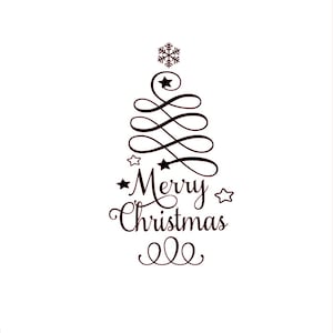 May include: Black and white illustration of a stylised Christmas tree with the text "Merry Christmas" and a snowflake at the top.