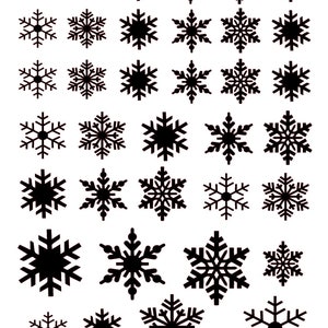 May include: A collection of 30 black snowflake illustrations in various sizes and styles. The snowflakes are arranged in rows and columns on a white background.