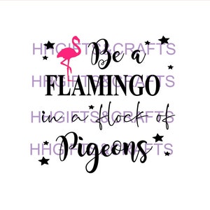 May include: Black and white graphic text design with a pink flamingo illustration. The text reads "Be a Flamingo in a flock of Pigeons".
