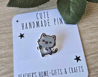 Handmade cat pin shrink plastic pin handmade cute cat gift - cute handmade gift - pin badge