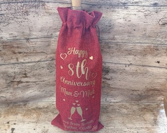 Personalised burlap/ jute wine bottle gift bag - Happy Anniversary - drawstring - 3 colours available - choice of design colour - wine bag