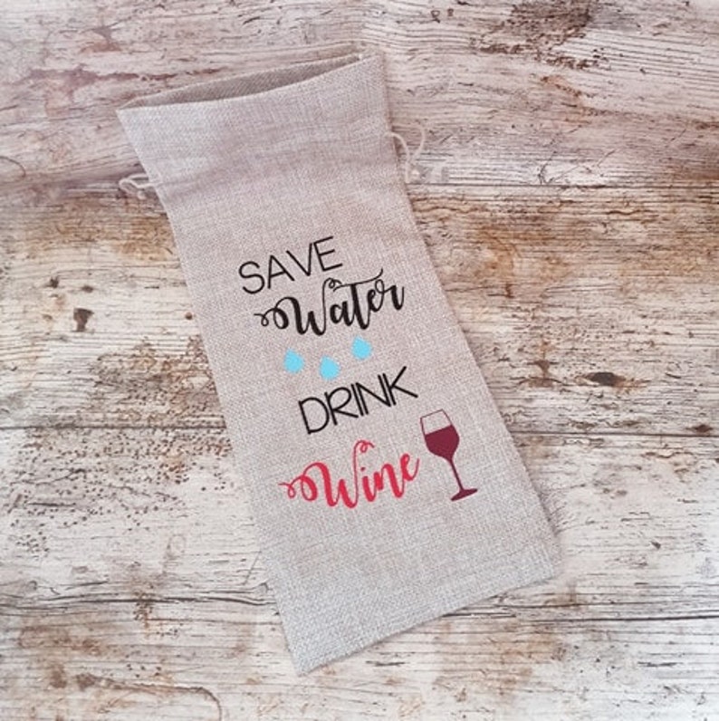 Save water drink wine Burlap/ jute wine bottle gift bag drawstring