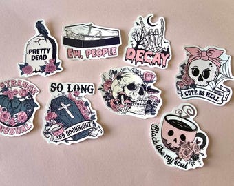 Pink goth stickers x 8 pink, goth, strange, unusual,goth,dark stickers,novelty stickers,laptop sticker,book sticker,scrapbooking