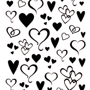 May include: A white background with a black and white pattern of hearts. The hearts are in various sizes and shapes, including simple hearts, hearts with swirls, and hearts with double loops.