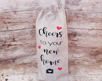 New Home - Burlap/ jute wine bottle gift bag - can be personalised - drawstring - 3 colours available - wine bag - new home gift - couple
