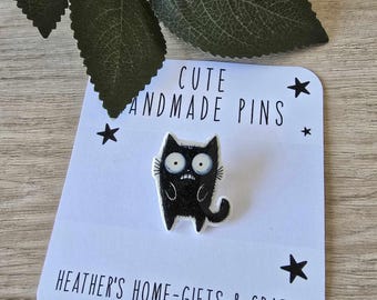 Handmade Scared Cat Pin: Shrink Plastic Funny Badge