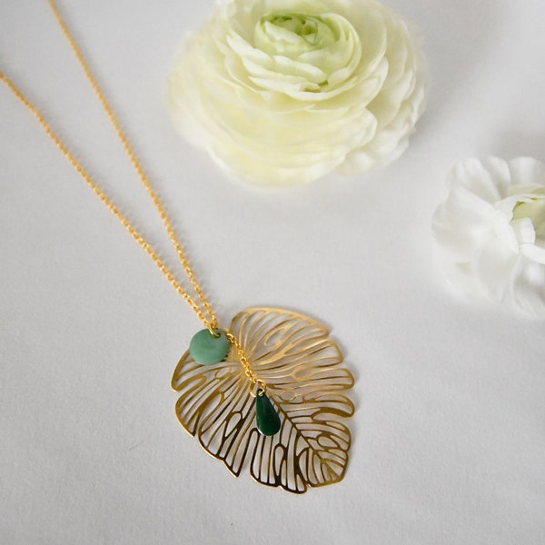 Pretty necklace necklace leaf Monstera golden enamelled pendants