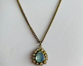 Vintage Necklace Vintage Antique Gold Bronze Tone Blue Glass Japanese Pagoda Relief Costume Bridal Wedding Pendant Necklace