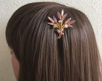 Floral Vintage Hair Comb: Antique Vintage Gold, Pink Aurora Borealis Diamanté Flower Wedding Costume Hair Comb Hair