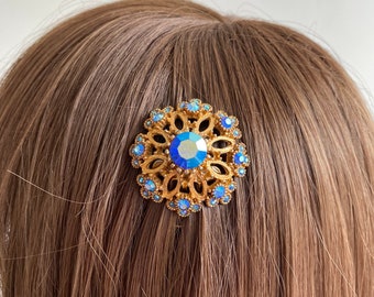 Floral Vintage Hair Comb: Antique Vintage Gold and Shades of Blue Diamanté Wedding Costume Hair Comb Hair Accessory