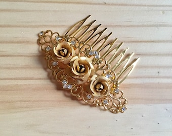 Art Deco Style Handmade Gold and Clear Diamanté Wedding Comb - Bride/Bridesmaids