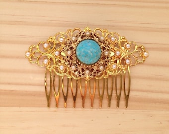 Art Deco Hair Comb: Turquoise and Pearl Vintage Wedding Gatsby Costume Comb