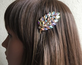 Floral Vintage Hair Comb: Antique Vintage Gold Aurora Borealis Diamanté Flower Wedding Costume Hair Comb Hair Accessory