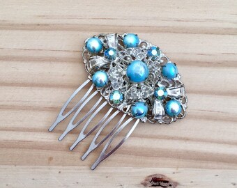 Art Deco Hair Comb: Vintage Blue and Diamanté Wedding Gatsby Costume Comb