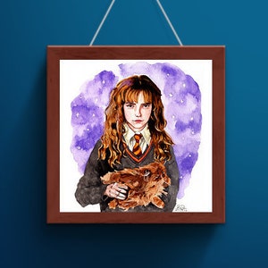 May include: A square wooden frame containing a watercolor illustration of a person with long wavy brown hair, wearing a grey sweater, white collared shirt, and striped tie, holding a small brown creature against a purple starry background.