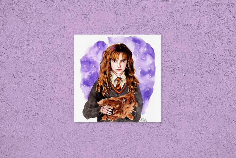 May include: A watercolor illustration of a person with long wavy brown hair wearing a dark gray sweater over a white collared shirt and a striped tie. The person holds a fluffy orange cat against a background of a purple watercolor wash with white stars.