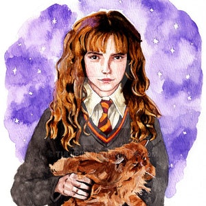 May include: A watercolor illustration of a person with long wavy brown hair, wearing a white collared shirt, a striped tie, and a dark gray sweater. The person is holding a fluffy orange cat against a purple background with white stars.