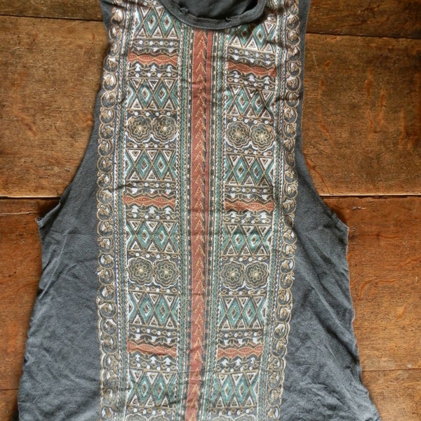 Vintage Renewed Distressed Grey Muscle Tank Top with Aztec Print Size S/M