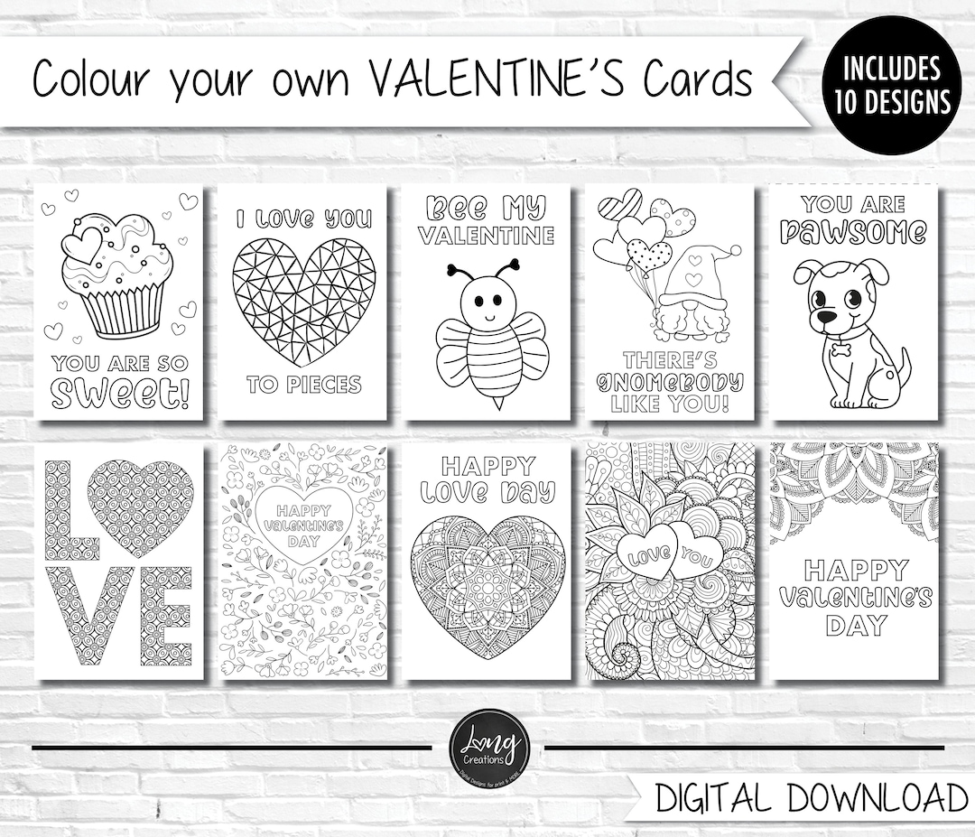 PRINTABLE Valentine's Colouring / Coloring Cards, Valentine's Cards for ...