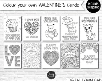 PRINTABLE Valentine's Colouring / coloring Cards, Valentine's Cards for kids, Colour / color Your Own Card, DIY cards, Coloring Cards Bundle