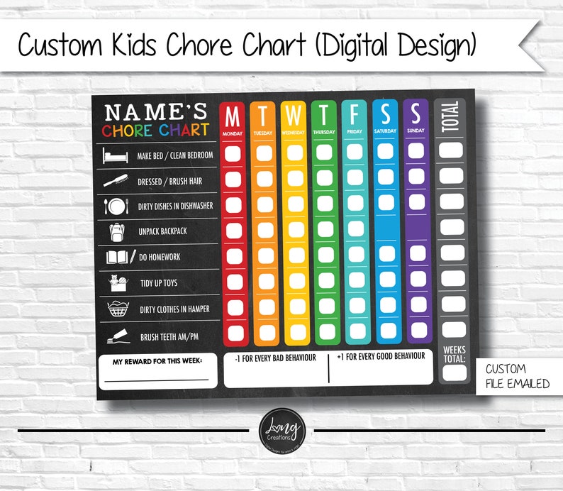 Chore Chart for Kids Kids chores Custom design with list of chores Daily Tasks personalized responsibility tracker printable file image 1