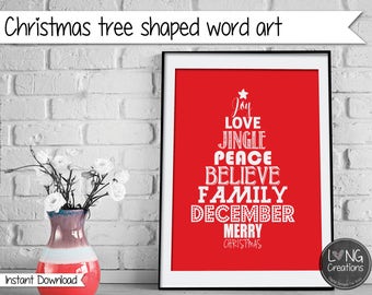 Christmas tree word art - typography print - christmas decor - christmas gift - printable digital file - wall art