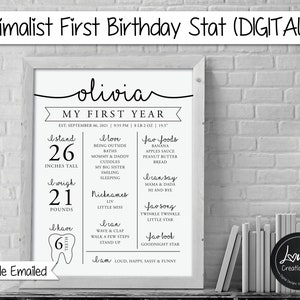 First Birthday Milestone Sign, Birthday stat design, Modern 1st Birthday Poster, minimalist One Year Baby Milestone, baby keepsake Printable image 1