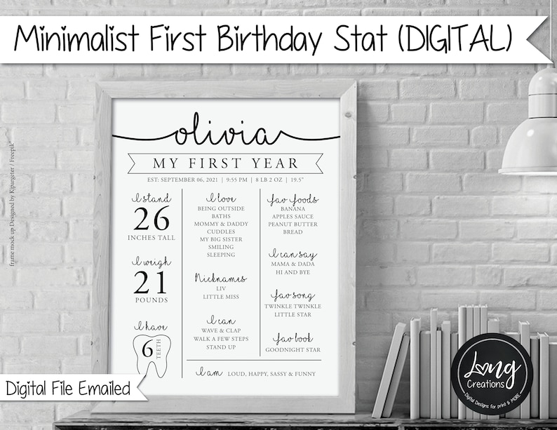 First Birthday Milestone Sign, Birthday stat design, Modern 1st Birthday Poster, minimalist One Year Baby Milestone, baby keepsake Printable zdjęcie 1