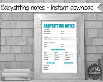 babysitting notes - printable digital file - Babysitting form - emergency contact - Checklist - Family Planner -  Print - Instant download