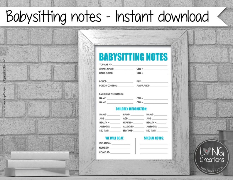 babysitting notes  printable digital file  Babysitting form image 1