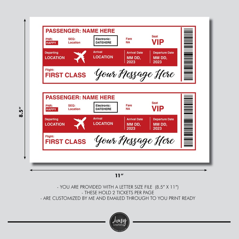 Custom Plane Ticket, Personalized airplane ticket, Airline ticket Gift, Vacation fake Ticket, boarding pass, printable digital design image 2