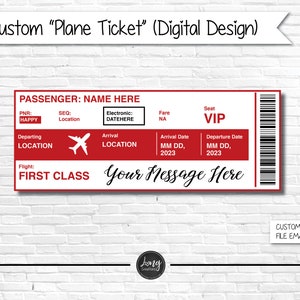 Custom Plane Ticket, Personalized airplane ticket, Airline ticket Gift, Vacation fake Ticket, boarding pass, printable digital design image 1