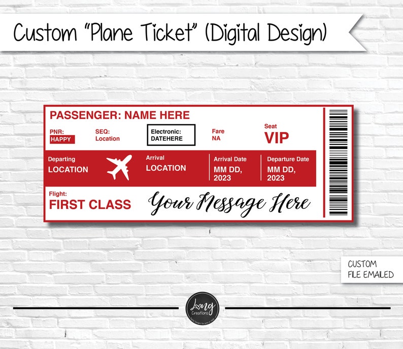 Custom Plane Ticket, Personalized airplane ticket, Airline ticket Gift, Vacation fake Ticket, boarding pass, printable digital design image 1