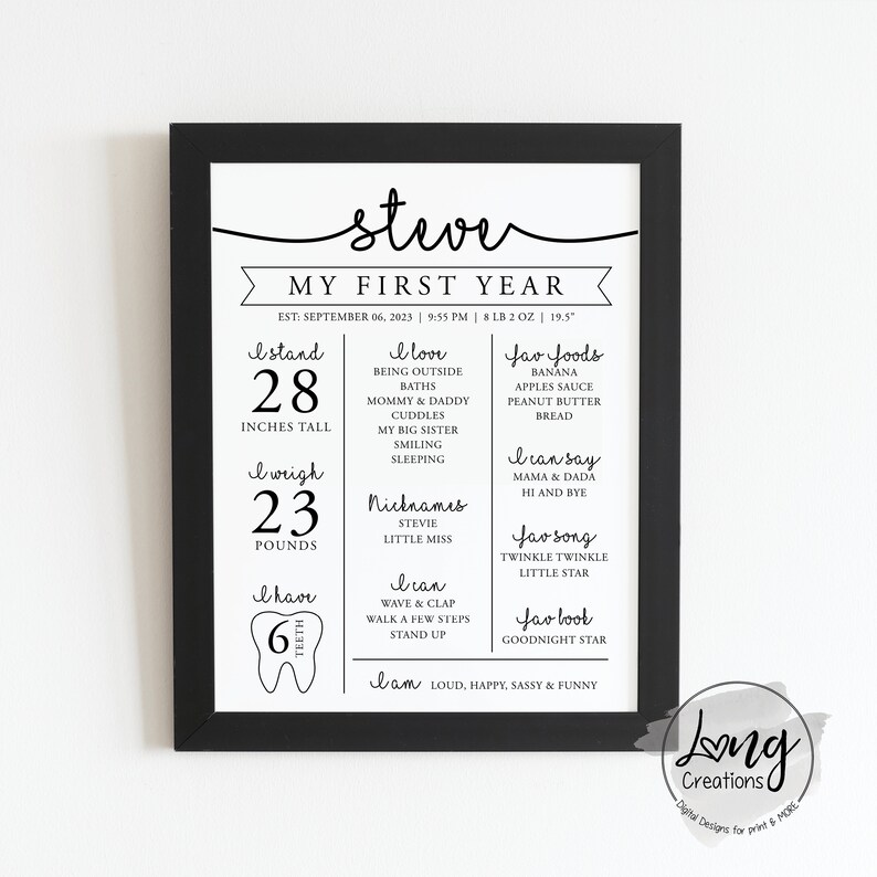 First Birthday Milestone Sign, Birthday stat design, Modern 1st Birthday Poster, minimalist One Year Baby Milestone, baby keepsake Printable image 2